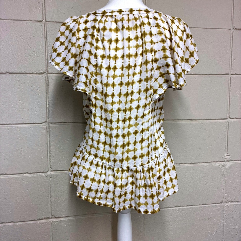 Geometric Peplum Blouse Womens Small Pintuck Flutter Sleeve Cotton Artisan Boho